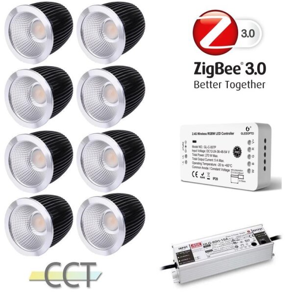 Gledopto Ledlumi Set - TunableWhite 8 Stück Spots LL32408-2065 Spiegel mit Meanwell Netzteil 80W