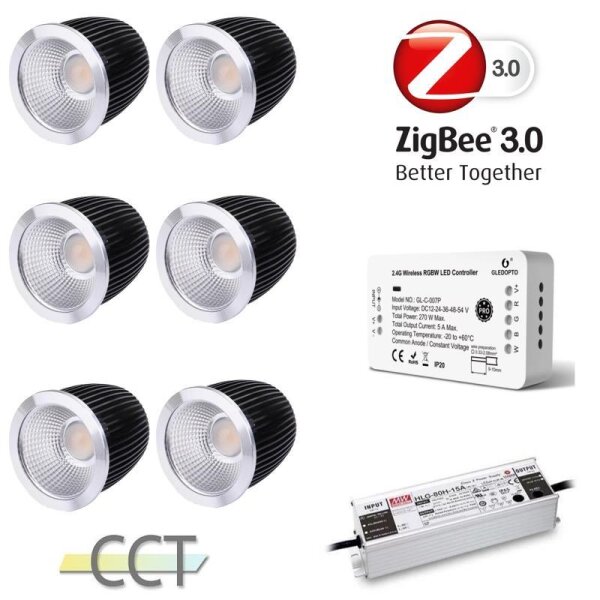 Gledopto Ledlumi Set - TunableWhite 6 Stück Spots LL32408-2065 Spiegel mit Meanwell Netzteil 60W