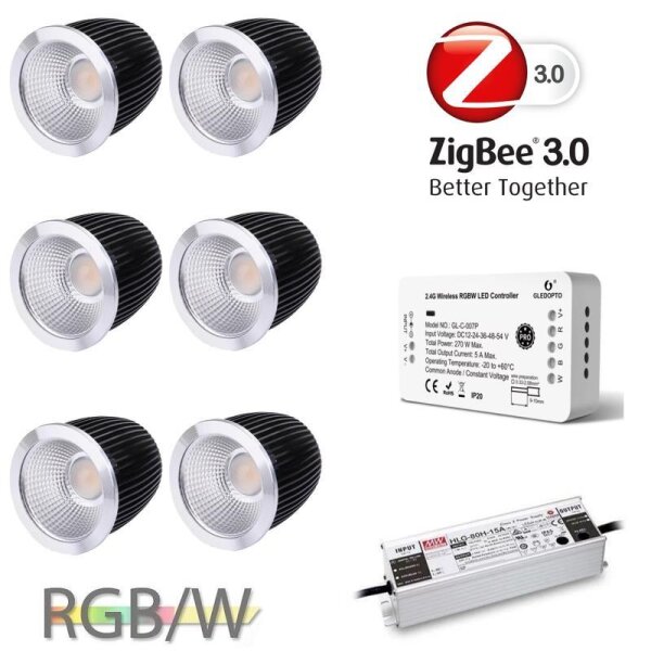 Gledopto Ledlumi Set - RGBW 6 Stück Spots LL52410 Spiegel mit Meanwell Netzteil 80W