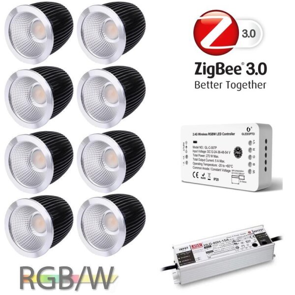 Gledopto Ledlumi Set - RGBW 8 Stück Spots LL52410 Spiegel mit Meanwell Netzteil 100W