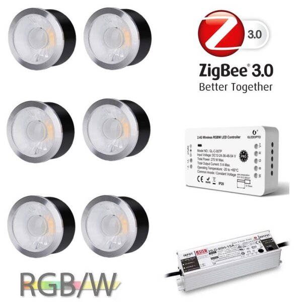 Gledopto Ledlumi Set - RGBW 6 Stück Spots flach LL52406 mit Meanwell Netzteil 40W
