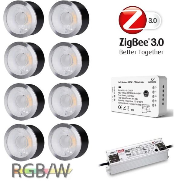 Gledopto Ledlumi Set - RGBW 8 Stück Spots flach LL52406 mit Meanwell Netzteil 60W