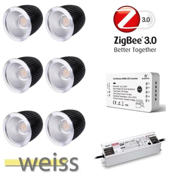 Gledopto Ledlumi Set - SingleColor 6 Stück Spots LL22408-2850R Spiegel mit Meanwell Netzteil 60W
