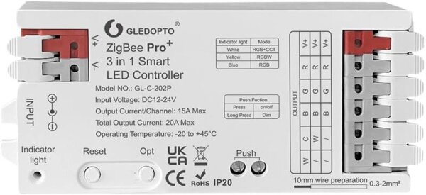 Gledopto LED Controller ZigBee 3.0 Pro+ 3 in 1, 12-24V, Max 20A Output RGB+CCT / GL-C-202P