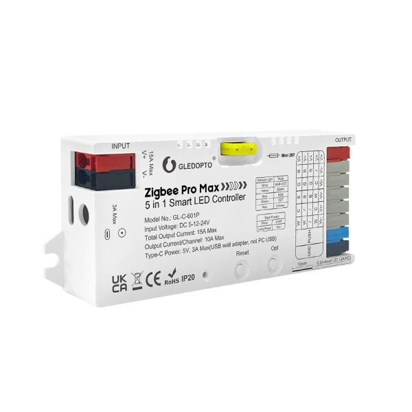 Gledopto LED Controller ZigBee 3.0 Pro+ 5 in 1, 5-24V, Max 15A Output, mit Stecksicherung 20A RGB+CCT / GL-C-601P